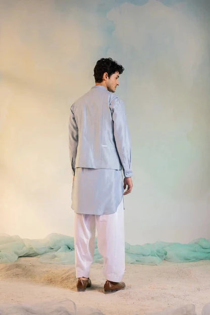 Blue Kurta Salwar Set by Charkhee with Aasma by Charkhee, Aasmaa by Charkhee, Blue, Chanderi, Cotton, Embellished, Kurta Salwar Sets, Mens Co-ords, Menswear, Natural, Relaxed Fit, Sequin work, Wedding Wear, White at Kamakhyaa for sustainable fashion