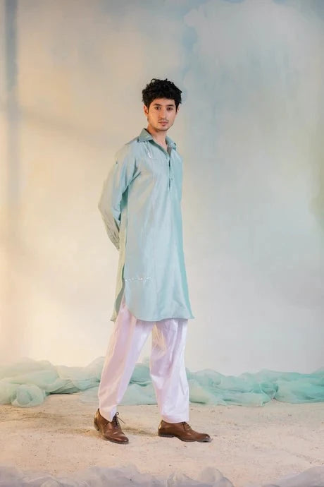 Green Kurta Salwar Set by Charkhee with Aasma by Charkhee, Aasmaa by Charkhee, Chanderi, Cotton, Embellished, Green, Indian Wear, Kurta Salwar Sets, Mens Co-ords, Menswear, Natural, Relaxed Fit, Sequin work, Wedding Wear, White at Kamakhyaa for sustainable fashion