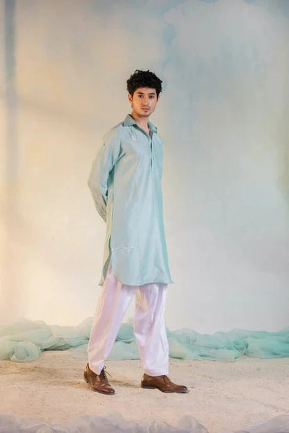 Green Kurta Salwar Set by Charkhee with Aasma by Charkhee, Aasmaa by Charkhee, Chanderi, Cotton, Embellished, Green, Indian Wear, Kurta Salwar Sets, Mens Co-ords, Menswear, Natural, Relaxed Fit, Sequin work, Wedding Wear, White at Kamakhyaa for sustainable fashion