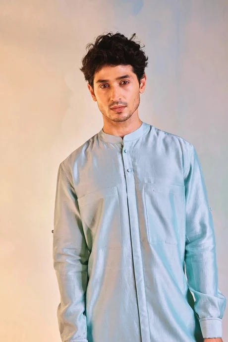 Green Sequin Work Kurta Pant Set by Charkhee with Aasma by Charkhee, Aasmaa by Charkhee, Chanderi, Cotton, Embellished, Green, Kurta Pant Sets, Mens Co-ords, Menswear, Natural, Relaxed Fit, Sequin work, Wedding Gifts, Wedding Wear at Kamakhyaa for sustainable fashion