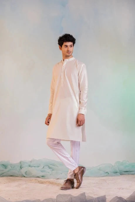 White Sequin Work Kurta Pant Set by Charkhee with Aasma by Charkhee, Aasmaa by Charkhee, Chanderi, Cotton, Embellished, Kurta Pant Sets, Mens Co-ords, Menswear, Natural, Relaxed Fit, Sequin work, Wedding Wear, White at Kamakhyaa for sustainable fashion