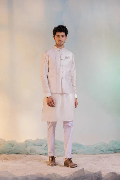 White Sequin Work Kurta Pant Set by Charkhee with Aasma by Charkhee, Aasmaa by Charkhee, Chanderi, Cotton, Embellished, Kurta Pant Sets, Mens Co-ords, Menswear, Natural, Relaxed Fit, Sequin work, Wedding Wear, White at Kamakhyaa for sustainable fashion