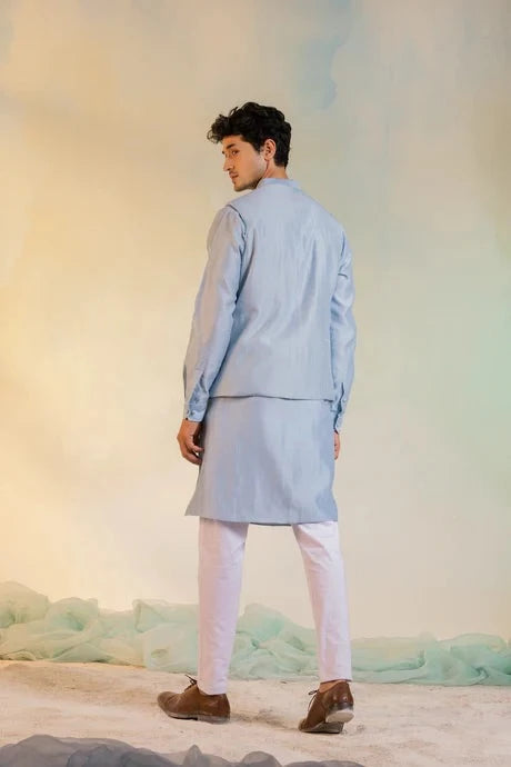 Blue Sequin Work Kurta Pant Set by Charkhee with Aasma by Charkhee, Aasmaa by Charkhee, Blue, Chanderi, Cotton, Embellished, For Him, Kurta Pant Sets, Mens Co-ords, Menswear, Natural, Relaxed Fit, Sequin work, Wedding Gifts, Wedding Wear at Kamakhyaa for sustainable fashion