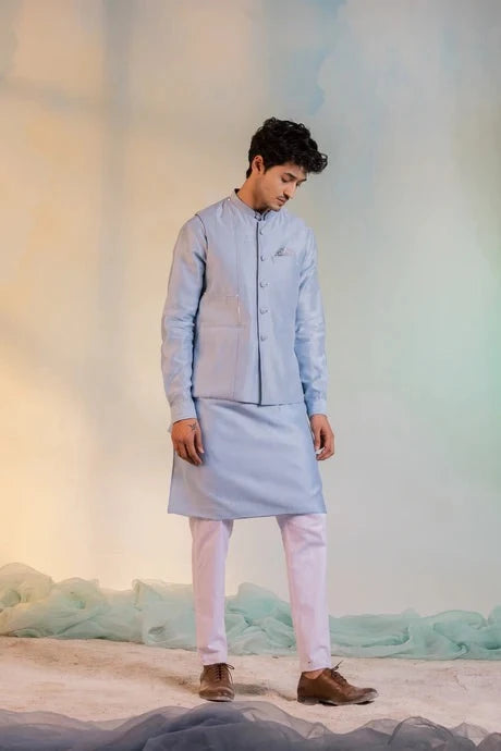 Blue Sequin Work Kurta Pant Set by Charkhee with Aasma by Charkhee, Aasmaa by Charkhee, Blue, Chanderi, Cotton, Embellished, For Him, Kurta Pant Sets, Mens Co-ords, Menswear, Natural, Relaxed Fit, Sequin work, Wedding Gifts, Wedding Wear at Kamakhyaa for sustainable fashion