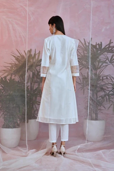 White Cotton Chanderi Kurta Set With Organza Dupatta by Charkhee with Aasma by Charkhee, Aasmaa by Charkhee, Chanderi, Cotton, Embellished, Indian Wear, Kurta Pant Sets, Kurta Set With Dupatta, Natural, Organza, Relaxed Fit, Sequin work, Wedding Wear, White, Womenswear at Kamakhyaa for sustainable fashion