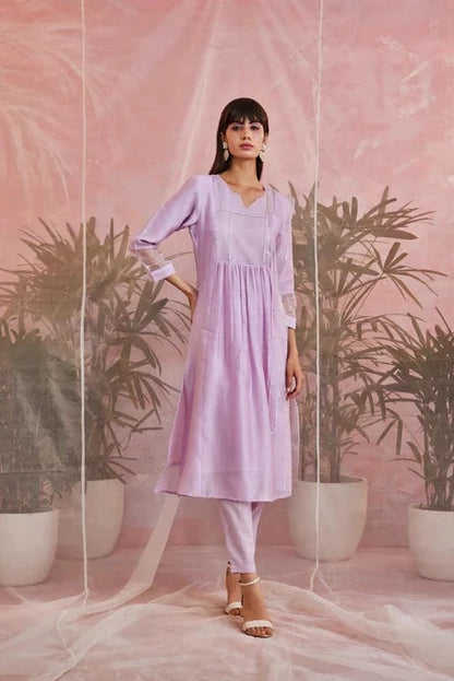 Purple Cotton Kurta Set With Organza Dupatta by Charkhee with Aasma by Charkhee, Aasmaa by Charkhee, Chanderi, Cotton, Embellished, Indian Wear, Kurta Pant Sets, Kurta Set With Dupatta, Natural, Organza, Purple, Relaxed Fit, Sequin work, Wedding Wear, Womenswear at Kamakhyaa for sustainable fashion