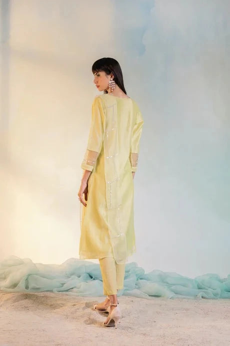 Yellow Cotton Kurta Set With Dupatta by Charkhee with Aasma by Charkhee, Aasmaa by Charkhee, Chanderi, Cotton, Embellished, Indian Wear, Kurta Pant Sets, Kurta Set With Dupatta, Natural, Relaxed Fit, Sequin work, Wedding Wear, Womenswear, Yellow at Kamakhyaa for sustainable fashion