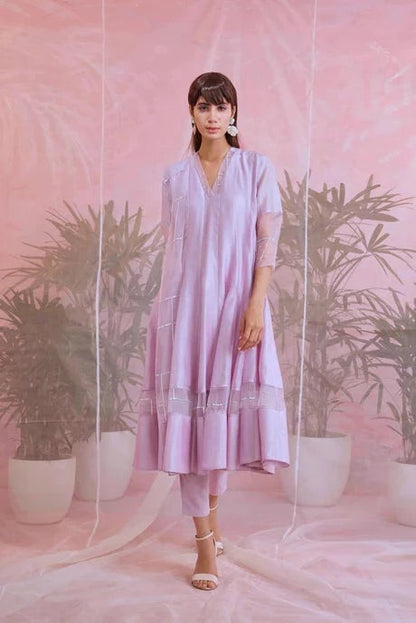 Purple Cotton Kurta Set With Organza Dupatta by Charkhee with Aasma by Charkhee, Aasmaa by Charkhee, Chanderi, Cotton, Embellished, Indian Wear, Kurta Pant Sets, Kurta Set With Dupatta, Natural, Organza, Purple, Relaxed Fit, Sequin work, Wedding Wear, Womenswear at Kamakhyaa for sustainable fashion