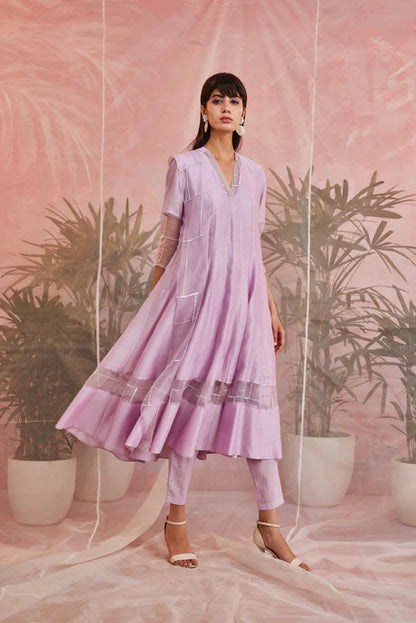 Purple Cotton Kurta Set With Organza Dupatta by Charkhee with Aasma by Charkhee, Aasmaa by Charkhee, Chanderi, Cotton, Embellished, Indian Wear, Kurta Pant Sets, Kurta Set With Dupatta, Natural, Organza, Purple, Relaxed Fit, Sequin work, Wedding Wear, Womenswear at Kamakhyaa for sustainable fashion