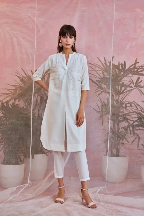 White Cotton Kurta Pant Set by Charkhee with Aasma by Charkhee, Aasmaa by Charkhee, Chanderi, Cotton, Embellished, Indian Wear, Kurta Pant Sets, Natural, Organza, Relaxed Fit, Sequin work, Wedding Wear, White, Womenswear at Kamakhyaa for sustainable fashion