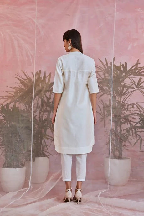 White Cotton Kurta Pant Set by Charkhee with Aasma by Charkhee, Aasmaa by Charkhee, Chanderi, Cotton, Embellished, Indian Wear, Kurta Pant Sets, Natural, Organza, Relaxed Fit, Sequin work, Wedding Wear, White, Womenswear at Kamakhyaa for sustainable fashion