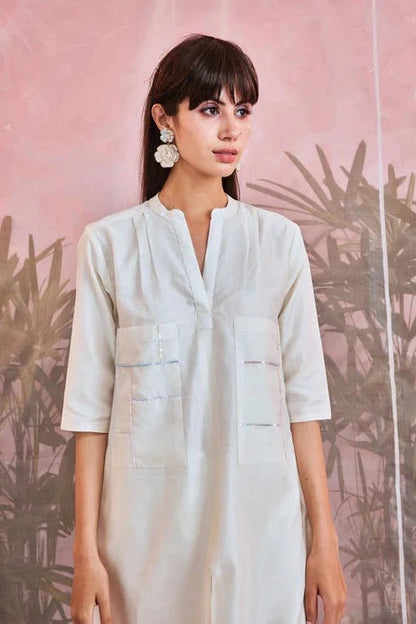 White Cotton Kurta Pant Set by Charkhee with Aasma by Charkhee, Aasmaa by Charkhee, Chanderi, Cotton, Embellished, Indian Wear, Kurta Pant Sets, Natural, Organza, Relaxed Fit, Sequin work, Wedding Wear, White, Womenswear at Kamakhyaa for sustainable fashion