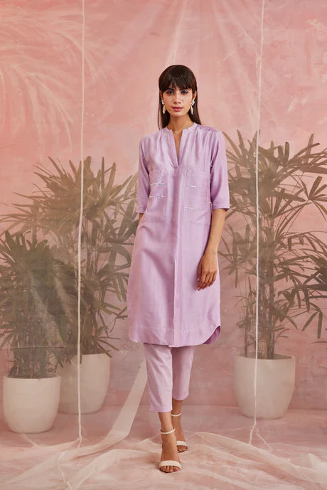 Purple Cotton Kurta Set by Charkhee with Aasma by Charkhee, Aasmaa by Charkhee, Chanderi, Cotton, Embellished, Indian Wear, Kurta Pant Sets, Natural, Purple, Relaxed Fit, Sequin work, Wedding Wear, Womenswear at Kamakhyaa for sustainable fashion