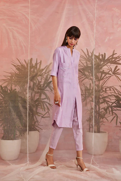Purple Cotton Kurta Set by Charkhee with Aasma by Charkhee, Aasmaa by Charkhee, Chanderi, Cotton, Embellished, Indian Wear, Kurta Pant Sets, Natural, Purple, Relaxed Fit, Sequin work, Wedding Wear, Womenswear at Kamakhyaa for sustainable fashion
