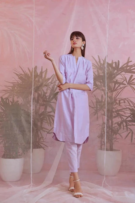Purple Cotton Kurta Set by Charkhee with Aasma by Charkhee, Aasmaa by Charkhee, Chanderi, Cotton, Embellished, Indian Wear, Kurta Pant Sets, Natural, Purple, Relaxed Fit, Sequin work, Wedding Wear, Womenswear at Kamakhyaa for sustainable fashion