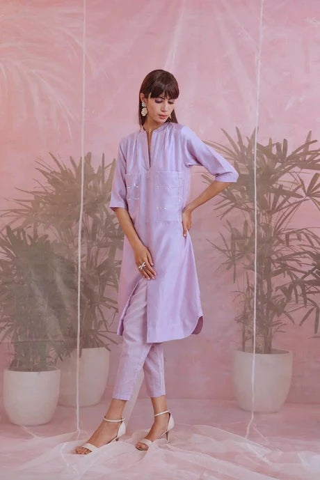 Purple Cotton Kurta Set by Charkhee with Aasma by Charkhee, Aasmaa by Charkhee, Chanderi, Cotton, Embellished, Indian Wear, Kurta Pant Sets, Natural, Purple, Relaxed Fit, Sequin work, Wedding Wear, Womenswear at Kamakhyaa for sustainable fashion