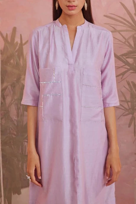 Purple Cotton Kurta Set by Charkhee with Aasma by Charkhee, Aasmaa by Charkhee, Chanderi, Cotton, Embellished, Indian Wear, Kurta Pant Sets, Natural, Purple, Relaxed Fit, Sequin work, Wedding Wear, Womenswear at Kamakhyaa for sustainable fashion