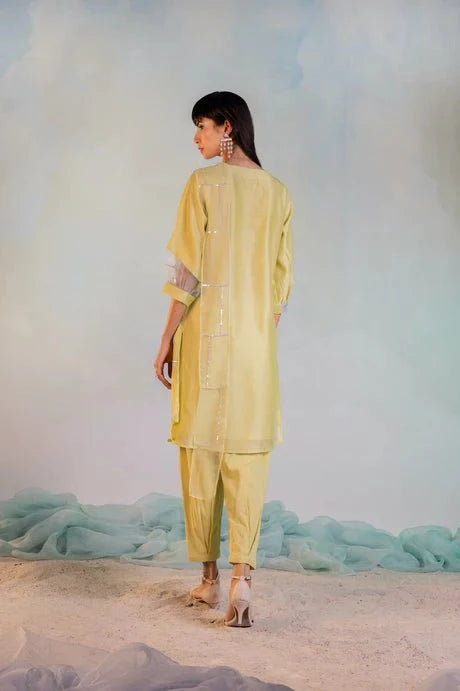 Yellow Cotton Kurta Set With Organza Dupatta by Charkhee with Aasma by Charkhee, Aasmaa by Charkhee, Chanderi, Cotton, Embellished, Indian Wear, Kurta Pant Sets, Kurta Set With Dupatta, Natural, Organza, Relaxed Fit, Sequin work, Wedding Wear, Womenswear, Yellow at Kamakhyaa for sustainable fashion