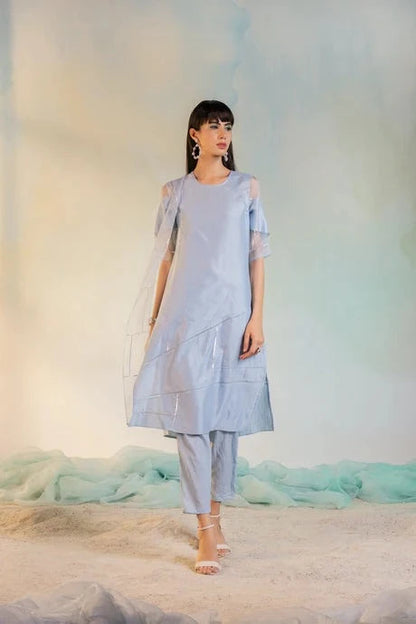 Blue Cotton Chanderi Kurta Set With Organza Dupatta by Charkhee with Aasma by Charkhee, Aasmaa by Charkhee, Blue, Chanderi, Cotton, Embellished, Indian Wear, Kurta Pant Sets, Kurta Set With Dupatta, Natural, Organza, Relaxed Fit, Sequin work, Wedding Wear, Womenswear at Kamakhyaa for sustainable fashion