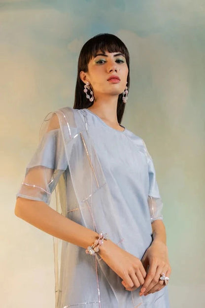 Blue Cotton Chanderi Kurta Set With Organza Dupatta by Charkhee with Aasma by Charkhee, Aasmaa by Charkhee, Blue, Chanderi, Cotton, Embellished, Indian Wear, Kurta Pant Sets, Kurta Set With Dupatta, Natural, Organza, Relaxed Fit, Sequin work, Wedding Wear, Womenswear at Kamakhyaa for sustainable fashion