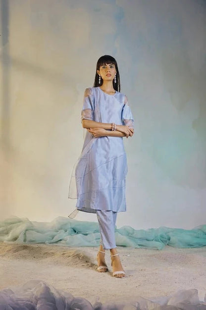 Blue Cotton Chanderi Kurta Set With Organza Dupatta by Charkhee with Aasma by Charkhee, Aasmaa by Charkhee, Blue, Chanderi, Cotton, Embellished, Indian Wear, Kurta Pant Sets, Kurta Set With Dupatta, Natural, Organza, Relaxed Fit, Sequin work, Wedding Wear, Womenswear at Kamakhyaa for sustainable fashion