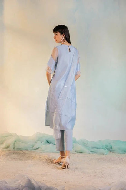 Blue Cotton Chanderi Kurta Set With Organza Dupatta by Charkhee with Aasma by Charkhee, Aasmaa by Charkhee, Blue, Chanderi, Cotton, Embellished, Indian Wear, Kurta Pant Sets, Kurta Set With Dupatta, Natural, Organza, Relaxed Fit, Sequin work, Wedding Wear, Womenswear at Kamakhyaa for sustainable fashion