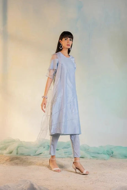 Blue Cotton Chanderi Kurta Set With Organza Dupatta by Charkhee with Aasma by Charkhee, Aasmaa by Charkhee, Blue, Chanderi, Cotton, Embellished, Indian Wear, Kurta Pant Sets, Kurta Set With Dupatta, Natural, Organza, Relaxed Fit, Sequin work, Wedding Wear, Womenswear at Kamakhyaa for sustainable fashion