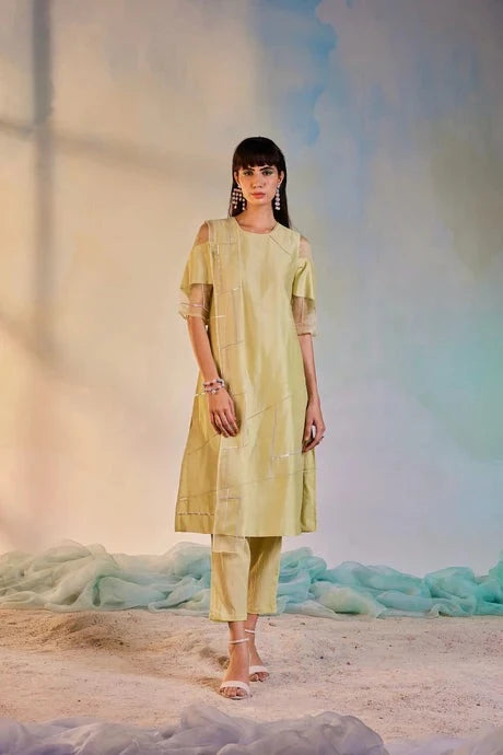 Yellow Cotton Kurta Set With Organza Dupatta by Charkhee with Aasma by Charkhee, Aasmaa by Charkhee, Chanderi, Cotton, Embellished, Indian Wear, Kurta Pant Sets, Kurta Set With Dupatta, Natural, Relaxed Fit, Wedding Wear, Womenswear, Yellow at Kamakhyaa for sustainable fashion