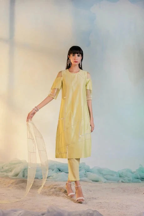 Yellow Cotton Kurta Set With Organza Dupatta by Charkhee with Aasma by Charkhee, Aasmaa by Charkhee, Chanderi, Cotton, Embellished, Indian Wear, Kurta Pant Sets, Kurta Set With Dupatta, Natural, Relaxed Fit, Wedding Wear, Womenswear, Yellow at Kamakhyaa for sustainable fashion