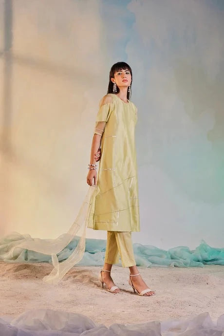 Yellow Cotton Kurta Set With Organza Dupatta by Charkhee with Aasma by Charkhee, Aasmaa by Charkhee, Chanderi, Cotton, Embellished, Indian Wear, Kurta Pant Sets, Kurta Set With Dupatta, Natural, Relaxed Fit, Wedding Wear, Womenswear, Yellow at Kamakhyaa for sustainable fashion