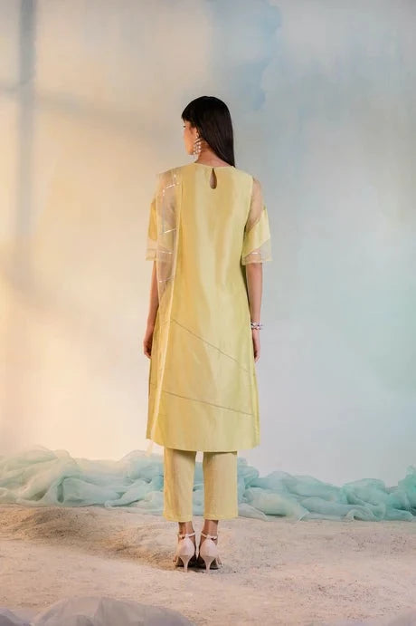 Yellow Cotton Kurta Set With Organza Dupatta by Charkhee with Aasma by Charkhee, Aasmaa by Charkhee, Chanderi, Cotton, Embellished, Indian Wear, Kurta Pant Sets, Kurta Set With Dupatta, Natural, Relaxed Fit, Wedding Wear, Womenswear, Yellow at Kamakhyaa for sustainable fashion