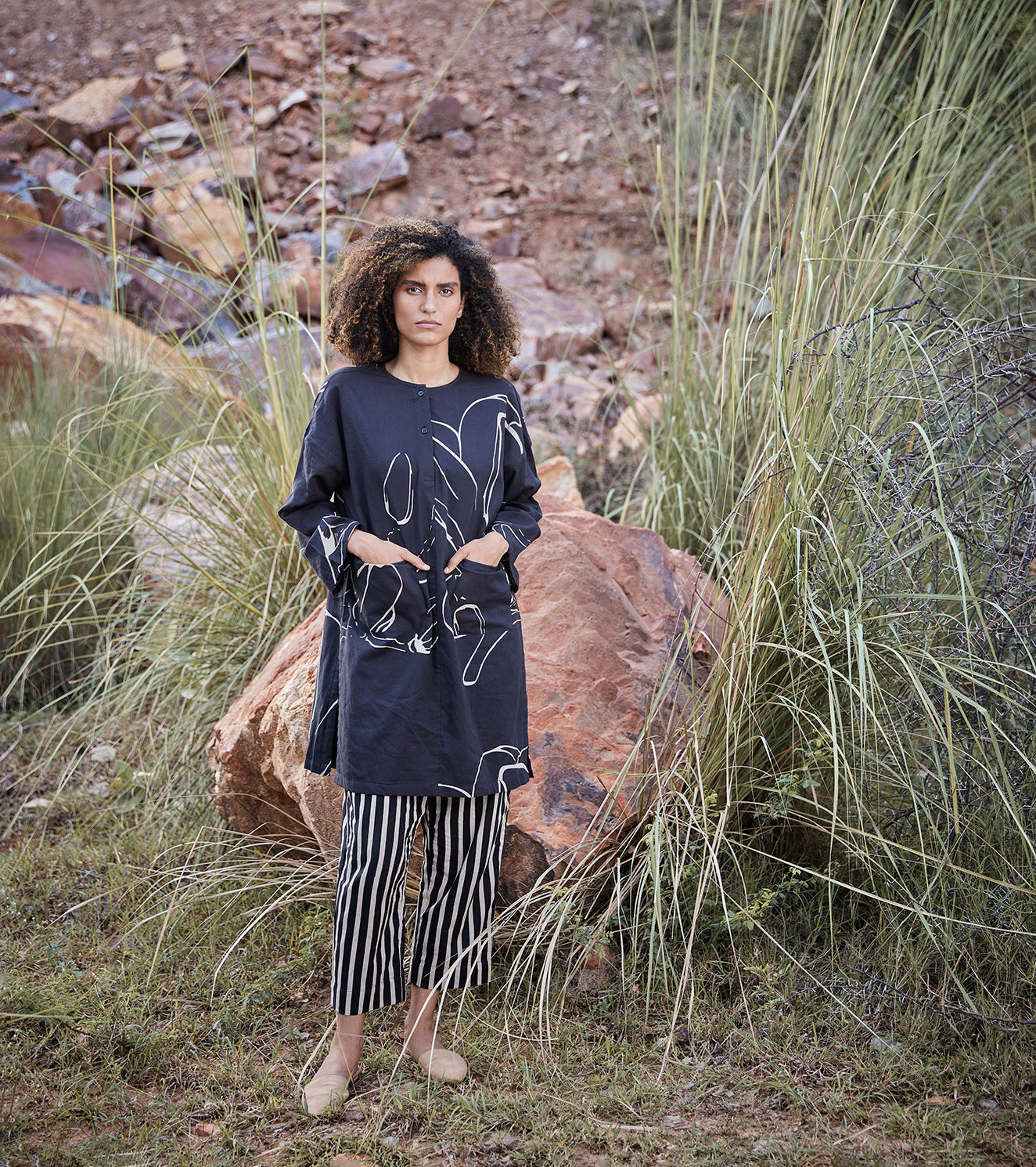 Black Cotton Printed Co-ord Set by Khara Kapas with 100% Cotton, Black, Casual Wear, Co-ord Sets, Organic, Prints, Regular Fit, Travel, Travel Co-ords, Under The Autumn Moon A/W 2022, Under The Autumn Moon by Khara Kapas, Womenswear at Kamakhyaa for sustainable fashion