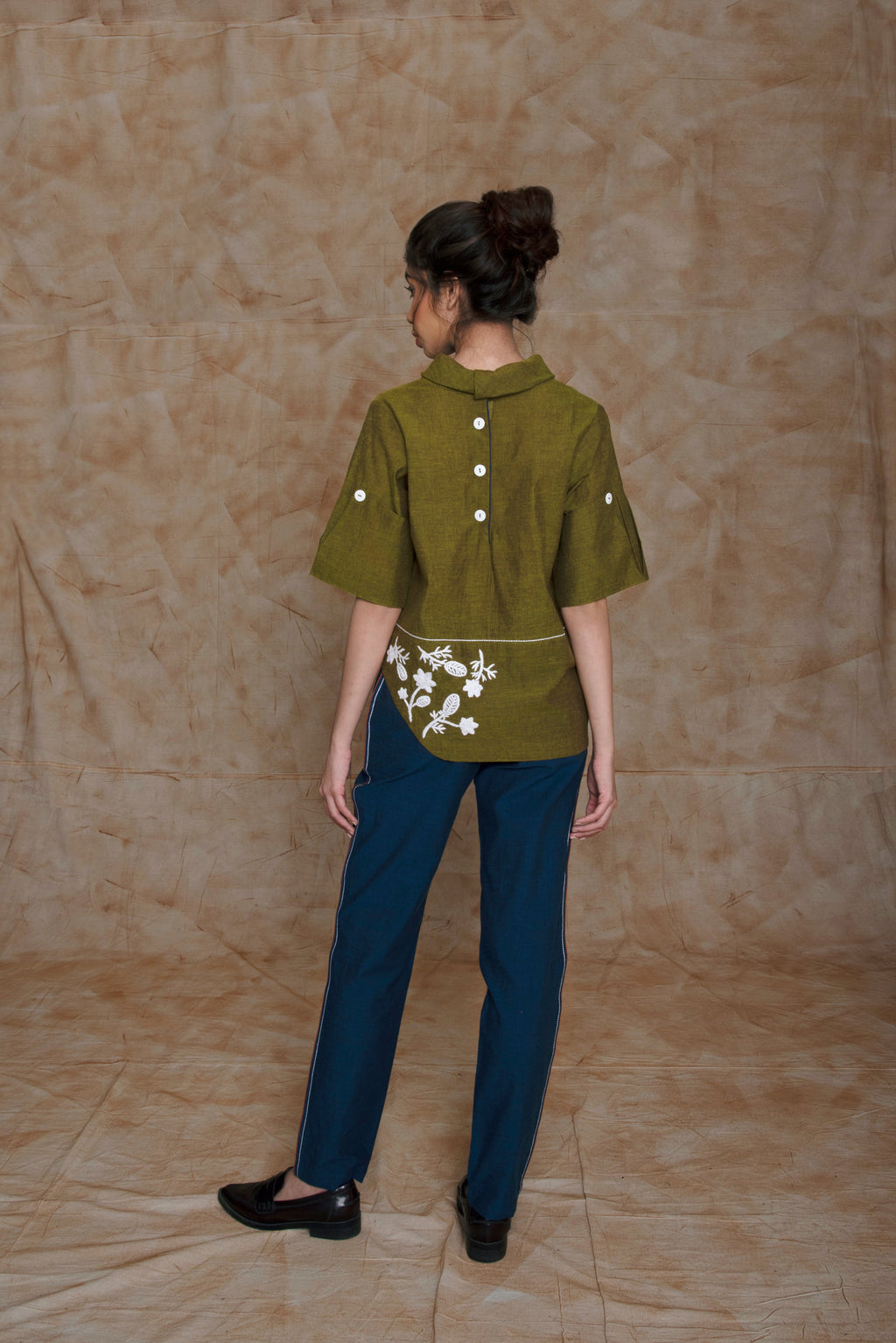 Green Tunic Top with embroidery by Anushé Pirani with Embroidered, Green, Handwoven Cotton, July Sale, July Sale 2023, Natural, Ocean of Stories, Office Wear, Regular Fit, sale anushe pirani, Shirts, Tops, Womenswear at Kamakhyaa for sustainable fashion