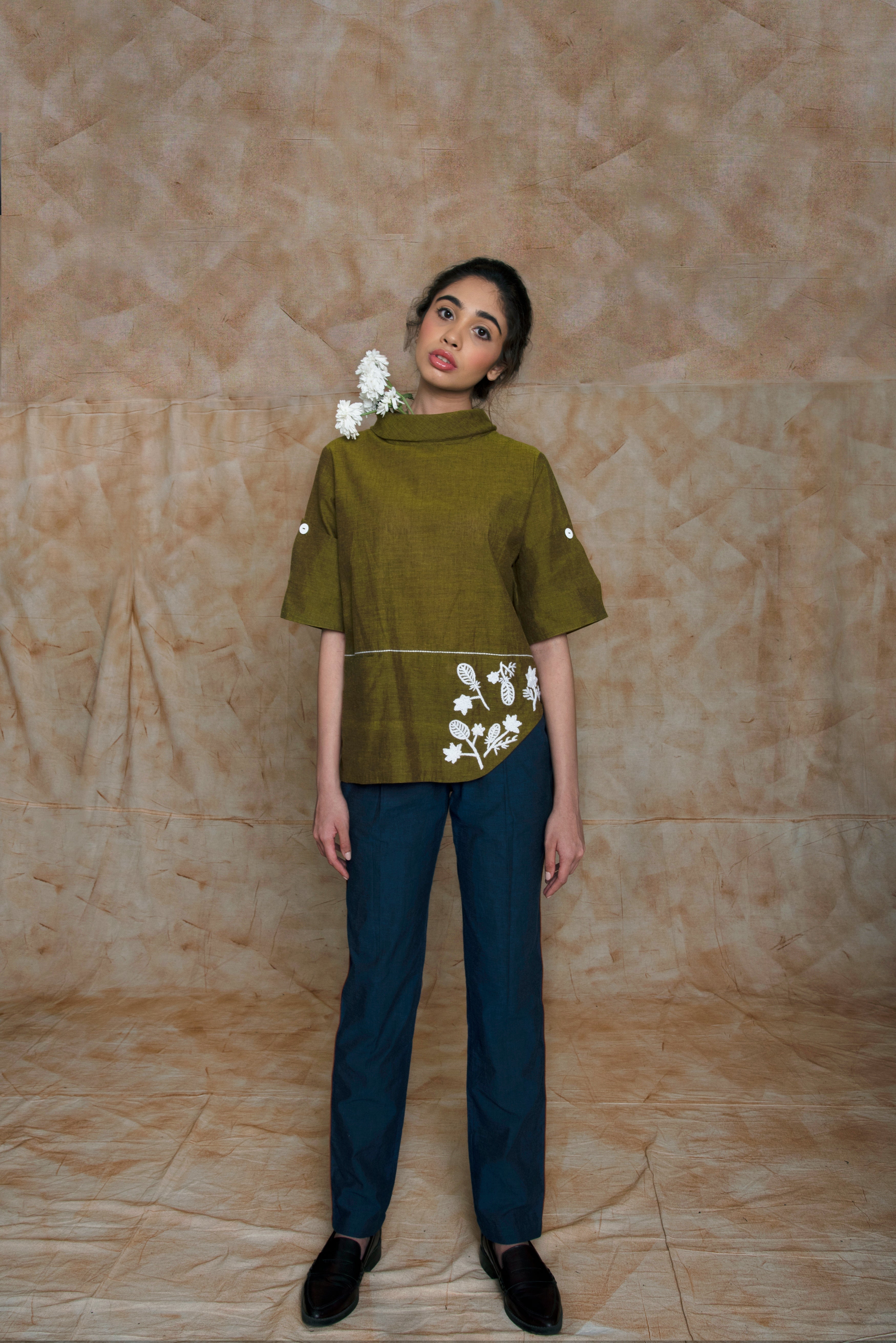 Green Tunic Top with embroidery by Anushé Pirani with Embroidered, Green, Handwoven Cotton, July Sale, July Sale 2023, Natural, Ocean of Stories, Office Wear, Regular Fit, sale anushe pirani, Shirts, Tops, Womenswear at Kamakhyaa for sustainable fashion