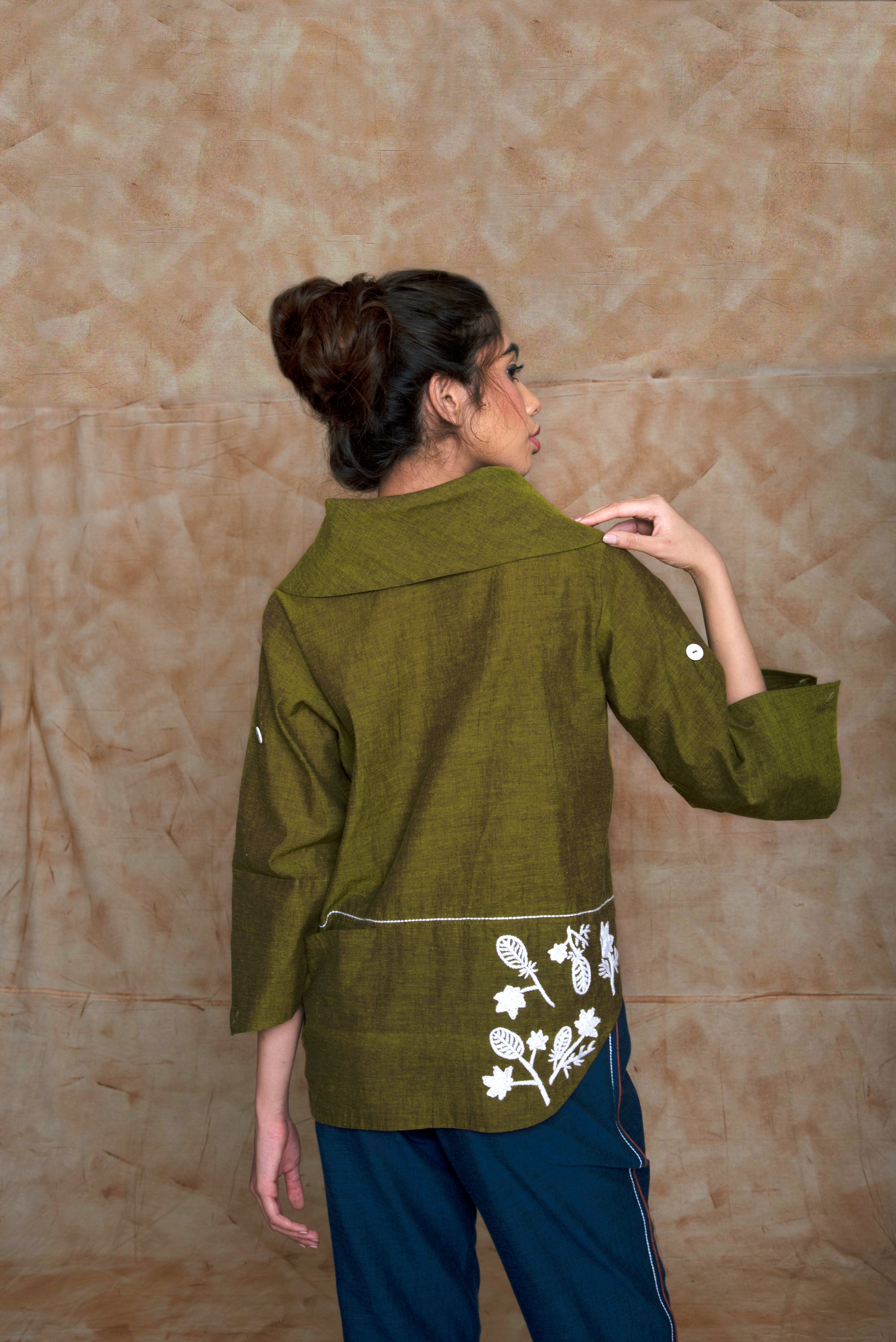 Green Tunic Top with embroidery by Anushé Pirani with Embroidered, Green, Handwoven Cotton, July Sale, July Sale 2023, Natural, Ocean of Stories, Office Wear, Regular Fit, sale anushe pirani, Shirts, Tops, Womenswear at Kamakhyaa for sustainable fashion