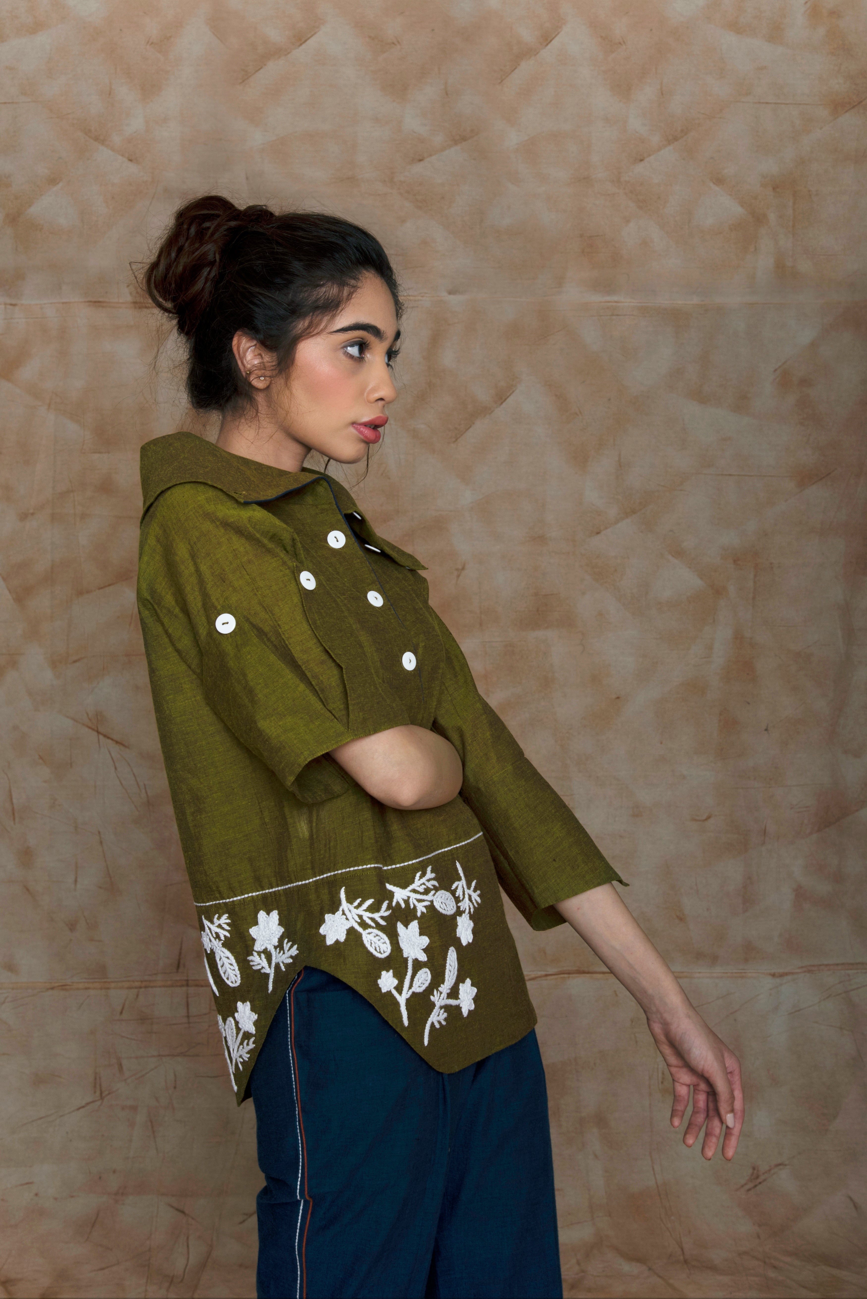 Green Tunic Top with embroidery by Anushé Pirani with Embroidered, Green, Handwoven Cotton, July Sale, July Sale 2023, Natural, Ocean of Stories, Office Wear, Regular Fit, sale anushe pirani, Shirts, Tops, Womenswear at Kamakhyaa for sustainable fashion