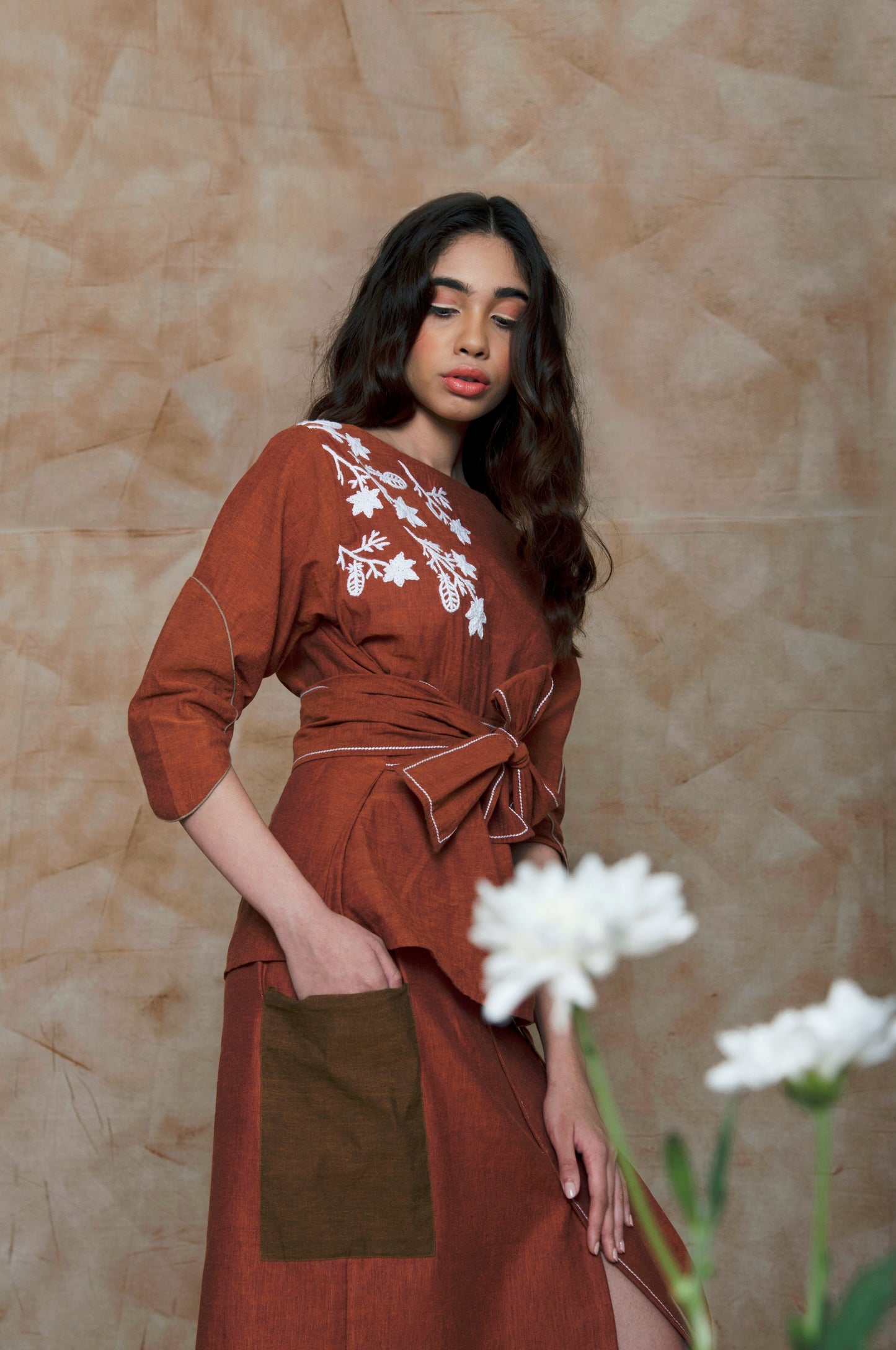Brown Midi Skirt by Anushé Pirani with Brown, fall, Handwoven Cotton, July Sale, July Sale 2023, Mini Skirts, Natural, Ocean of Stories, Office Wear, Regular Fit, sale anushe pirani, Skirts, Solids, Womenswear at Kamakhyaa for sustainable fashion