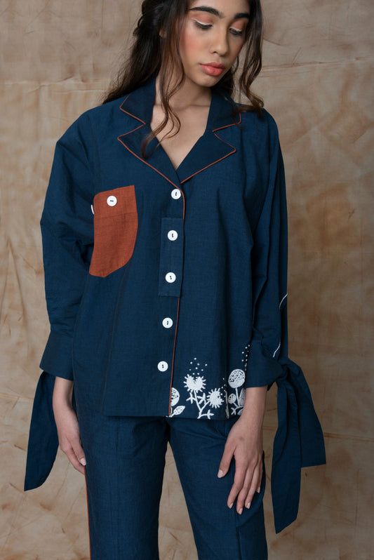 Blue Shirt with shell tucks collar by Anushé Pirani with Blue, Embroidered, Handwoven Cotton, July Sale, July Sale 2023, Natural, Ocean of Stories, Office Wear, Regular Fit, sale anushe pirani, Shirts, Tops, Womenswear at Kamakhyaa for sustainable fashion