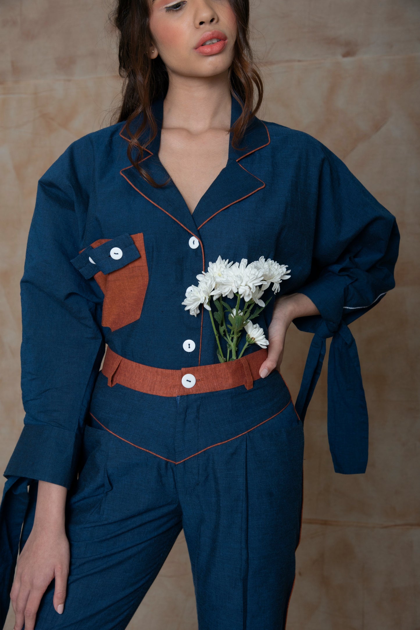 Blue Shirt with shell tucks collar by Anushé Pirani with Blue, Embroidered, Handwoven Cotton, July Sale, July Sale 2023, Natural, Ocean of Stories, Office Wear, Regular Fit, sale anushe pirani, Shirts, Tops, Womenswear at Kamakhyaa for sustainable fashion