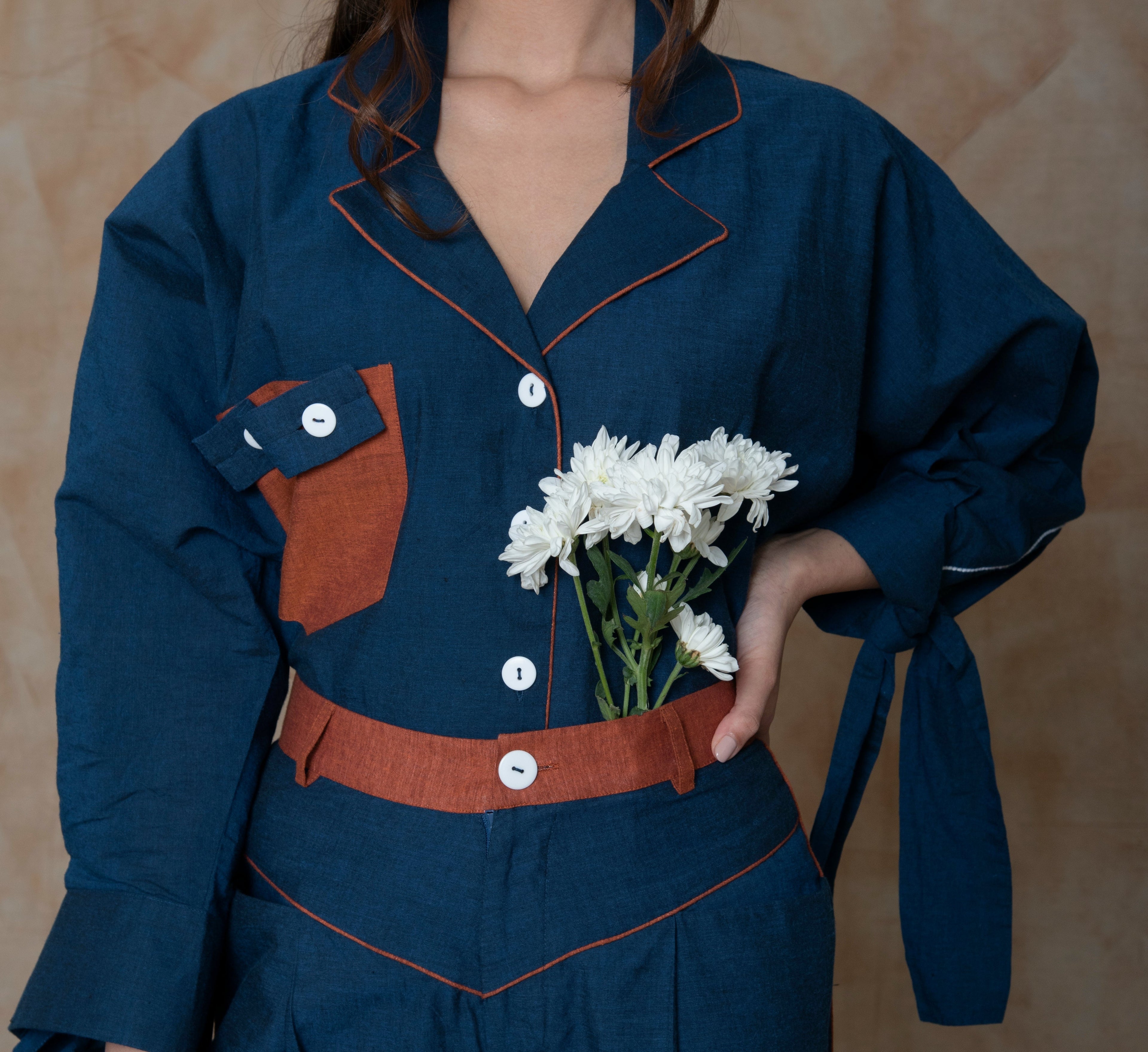 Blue Pants Yoke Pants by Anushé Pirani with Blue, Embroidered, Handwoven Cotton, July Sale, July Sale 2023, Natural, Ocean of Stories, Office Wear, Pants, Regular Fit, sale anushe pirani, Womenswear at Kamakhyaa for sustainable fashion