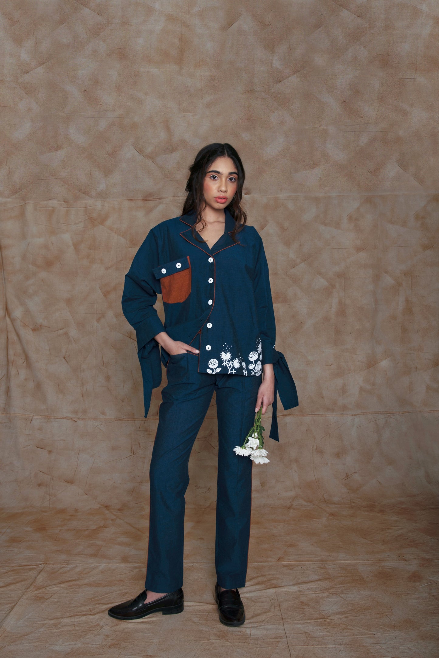 Blue Shirt with shell tucks collar by Anushé Pirani with Blue, Embroidered, Handwoven Cotton, July Sale, July Sale 2023, Natural, Ocean of Stories, Office Wear, Regular Fit, sale anushe pirani, Shirts, Tops, Womenswear at Kamakhyaa for sustainable fashion