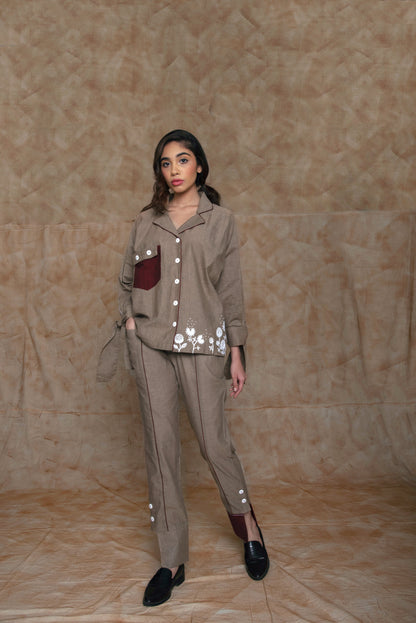 Grey Custom Shirt by Anushé Pirani with Embroidered, Grey, Handwoven Cotton, July Sale, July Sale 2023, Natural, Ocean of Stories, Office Wear, Regular Fit, sale anushe pirani, Shirts, Tops, Womenswear at Kamakhyaa for sustainable fashion