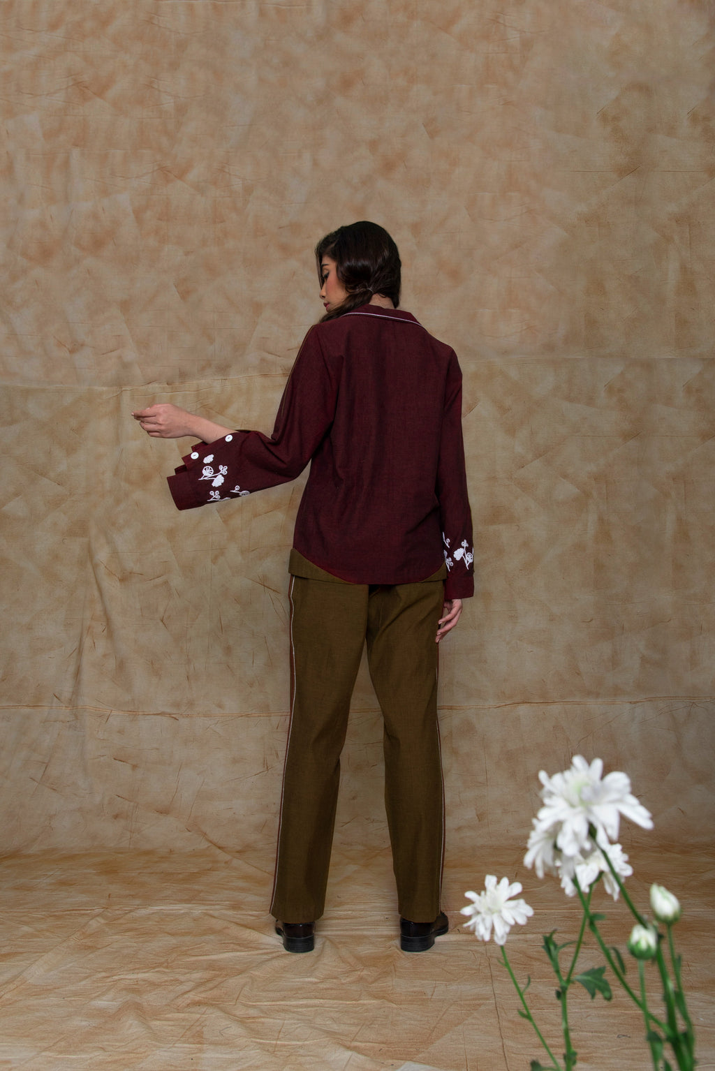 Maroon Collar Embroidered Shirt by Anushé Pirani with Embroidered, Handwoven Cotton, July Sale, July Sale 2023, Natural, Ocean of Stories, Office Wear, Red, Regular Fit, sale anushe pirani, Shirts, Tops, Womenswear at Kamakhyaa for sustainable fashion