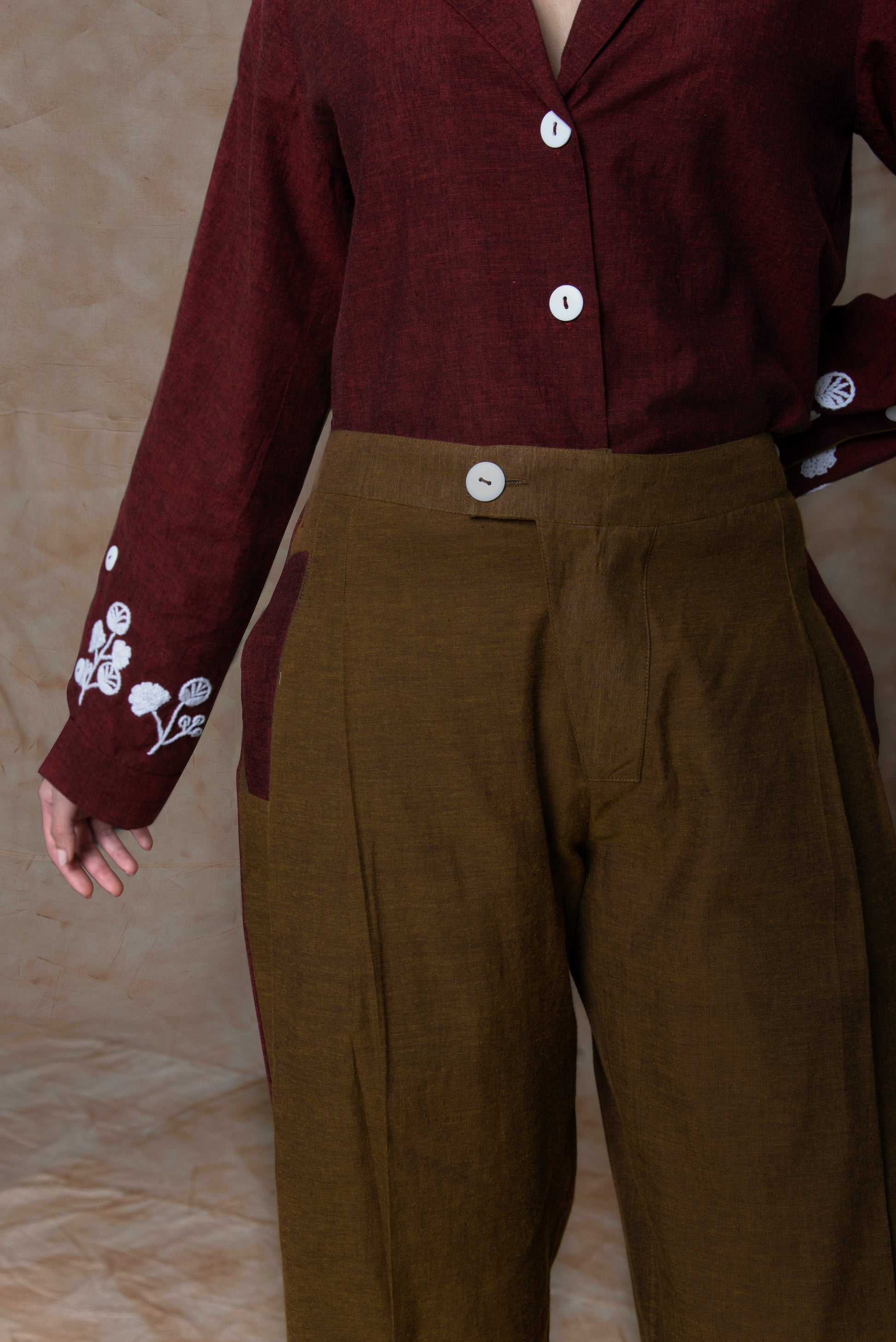 Brown Straight Leg Pants by Anushé Pirani with Brown, Embroidered, Handwoven Cotton, July Sale, July Sale 2023, Natural, Ocean of Stories, Office Wear, Pants, Regular Fit, sale anushe pirani, Womenswear at Kamakhyaa for sustainable fashion
