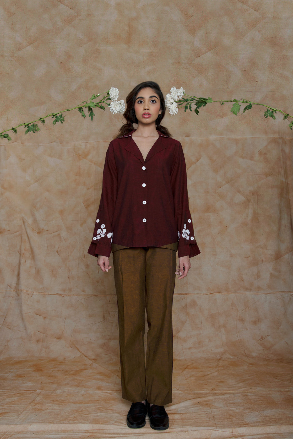 Maroon Collar Embroidered Shirt by Anushé Pirani with Embroidered, Handwoven Cotton, July Sale, July Sale 2023, Natural, Ocean of Stories, Office Wear, Red, Regular Fit, sale anushe pirani, Shirts, Tops, Womenswear at Kamakhyaa for sustainable fashion
