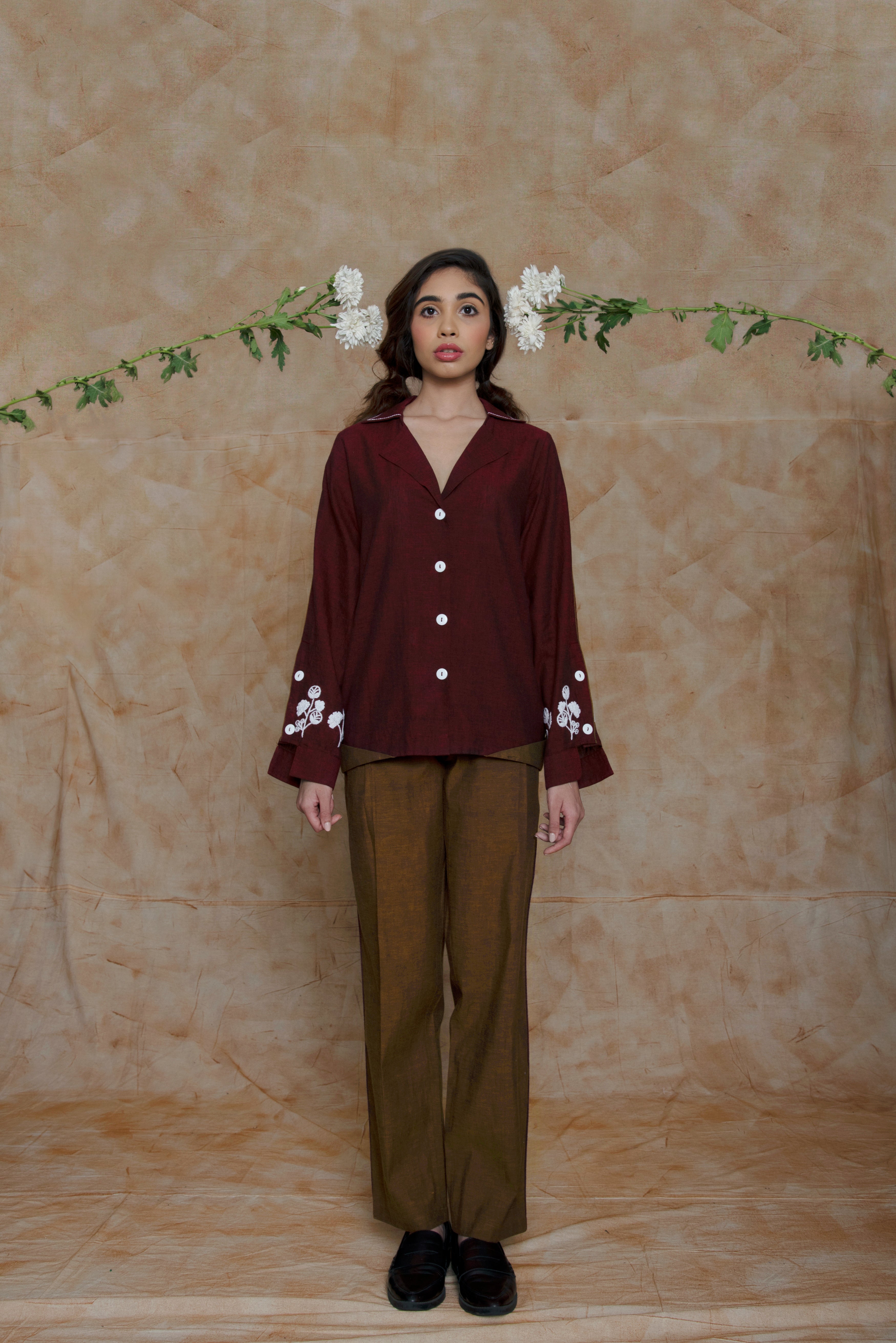 Maroon Collar Embroidered Shirt by Anushé Pirani with Embroidered, Handwoven Cotton, July Sale, July Sale 2023, Natural, Ocean of Stories, Office Wear, Red, Regular Fit, sale anushe pirani, Shirts, Tops, Womenswear at Kamakhyaa for sustainable fashion