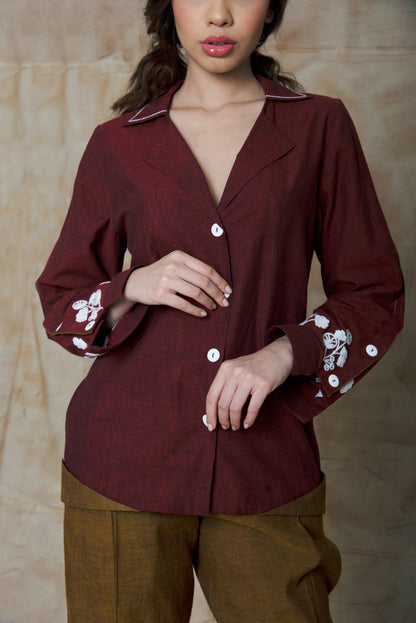 Maroon Collar Embroidered Shirt Embroidered, Handwoven Cotton, Natural, Ocean of Stories, Office Wear, Red, Regular Fit, sale anushe pirani, Shirts, Tops Kamakhyaa
