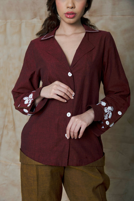 Maroon Collar Embroidered Shirt by Anushé Pirani with Embroidered, Handwoven Cotton, July Sale, July Sale 2023, Natural, Ocean of Stories, Office Wear, Red, Regular Fit, sale anushe pirani, Shirts, Tops, Womenswear at Kamakhyaa for sustainable fashion