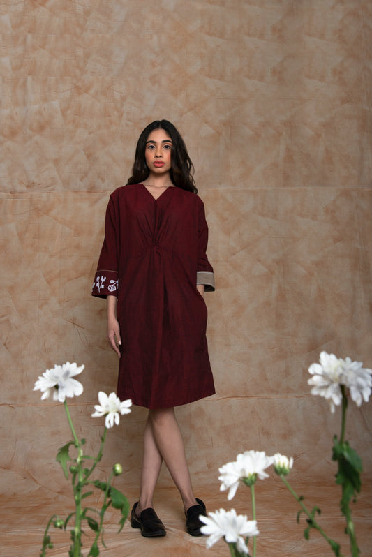 Knotted Midi Dress by Anushé Pirani with Handwoven Cotton, July Sale, July Sale 2023, Midi Dresses, Natural, Ocean of Stories, Office Wear, Red, Regular Fit, sale anushe pirani, Short Dresses, Solids, Womenswear at Kamakhyaa for sustainable fashion