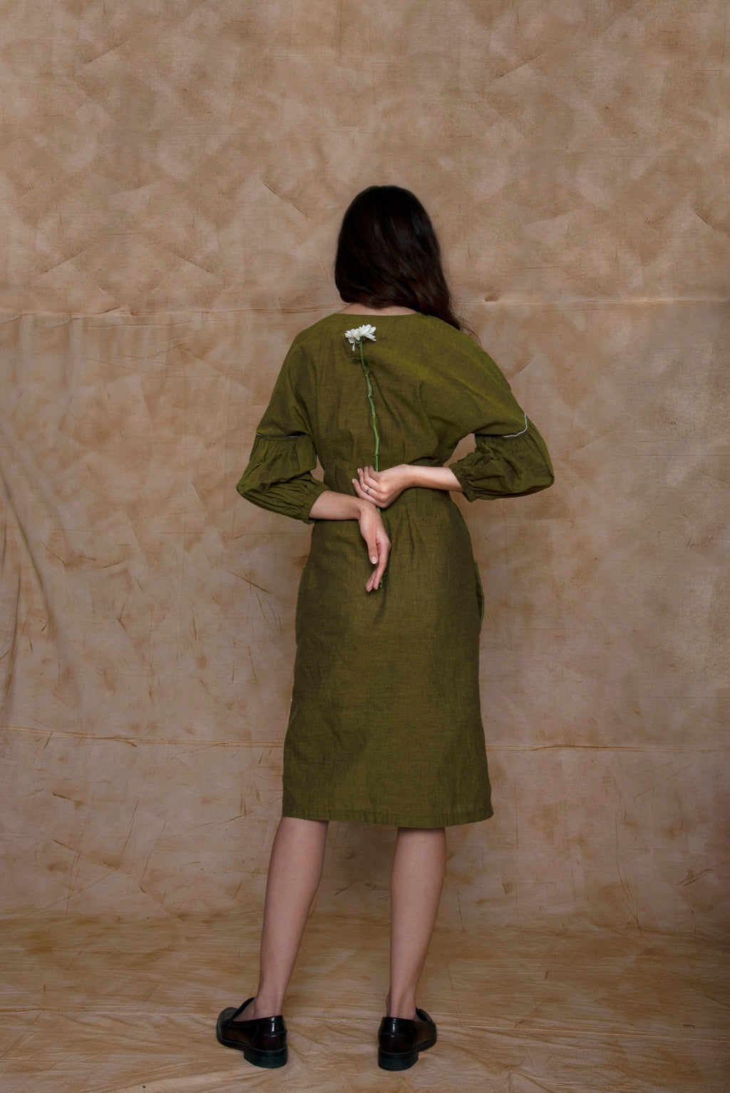 Green Embroidered Midi Dress by Anushé Pirani with Embroidered, Green, Handwoven Cotton, July Sale, July Sale 2023, Midi Dresses, Natural, Ocean of Stories, Office Wear, sale anushe pirani, Short Dresses, Solids, Womenswear at Kamakhyaa for sustainable fashion